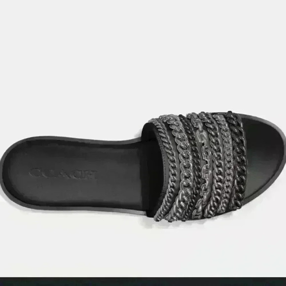Coach Black Slide Sandals with Silver Chain Accents New - Picture 3 of 3